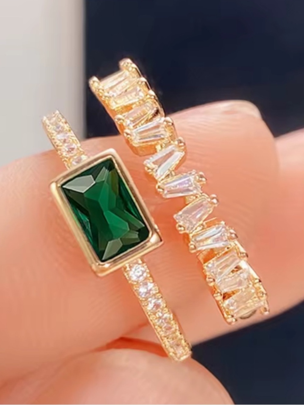 Gold Rings with Emerald Green Centerstone and Clear Crystals